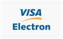 Logotipo do Visa Electron com VISA em letras azuis acima de uma linha curva laranja e Electron escrito em azul abaixo em um fundo branco.